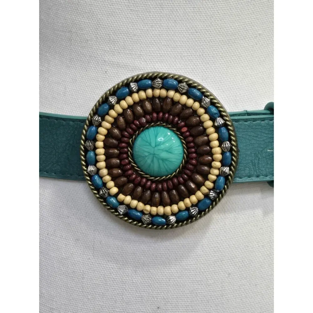 Vintage Womens Medium Belt Western Cowgirl Turquoise Teal Beaded Large Concho
